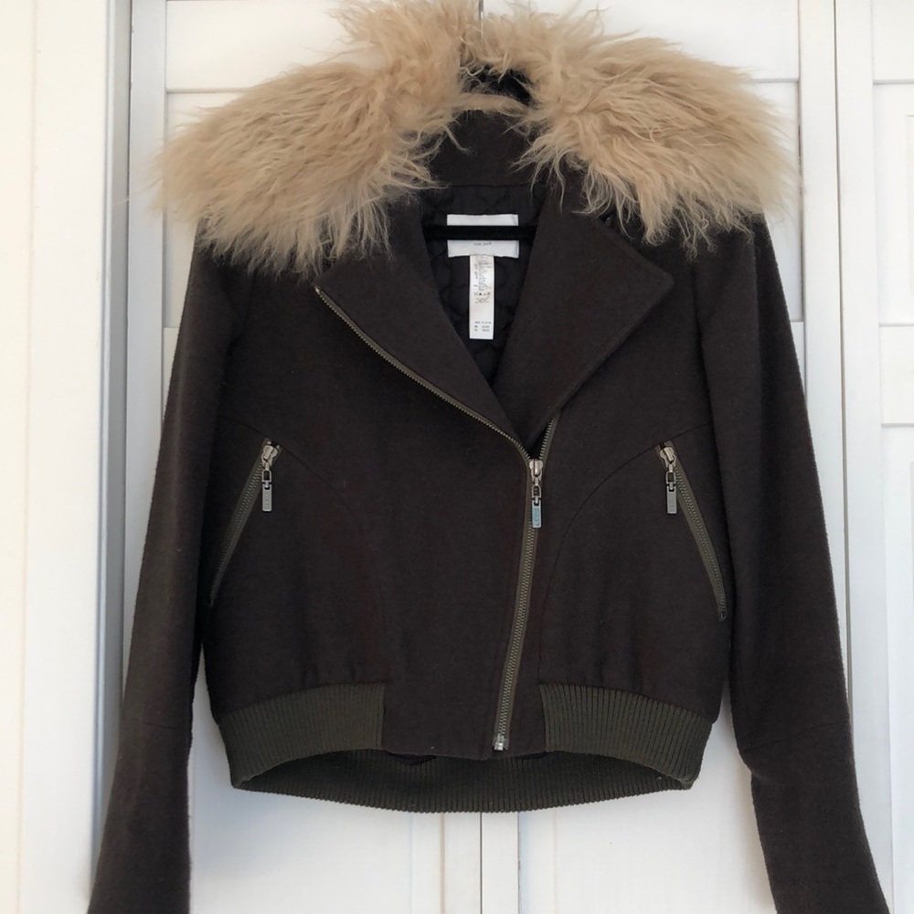 ICB NY Green and Cream Bomber Jacket with Asymmetrical Zipper